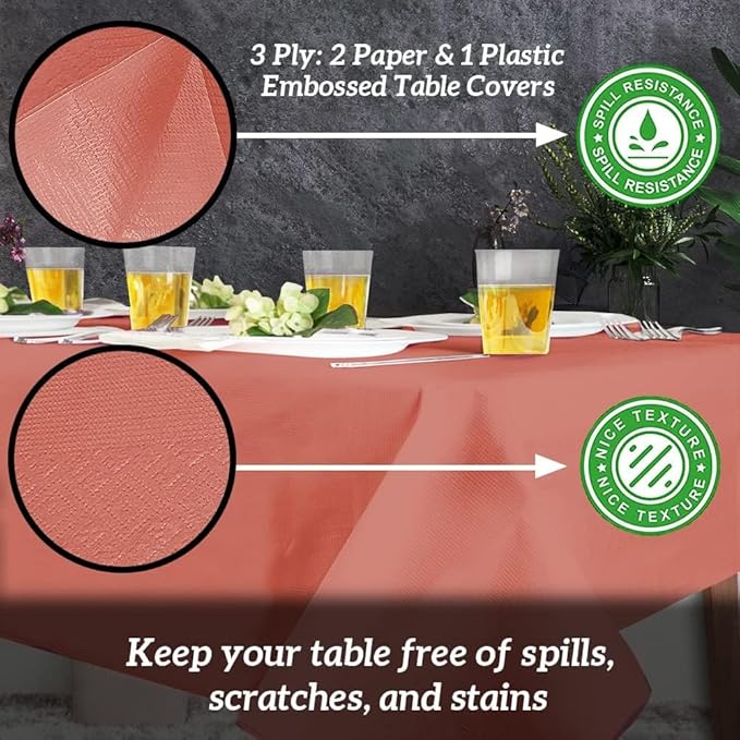 PARTY BARGAINS Disposable Table Covers, 54 x 108 Inch, Red, 3-Ply Paper & Plastic Spill-Resistant Party Tablecloths, 40 Pack