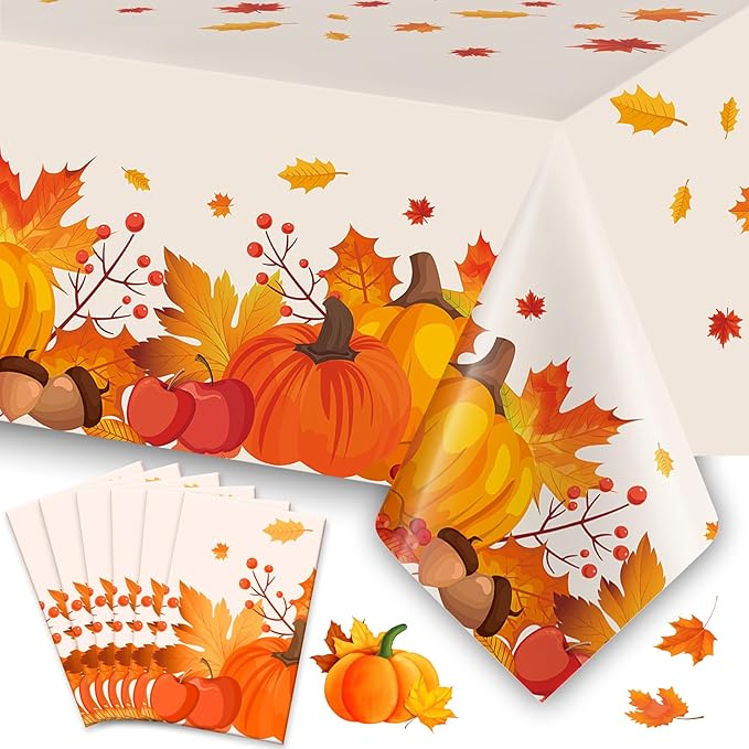 Thanksgiving Tablecloth Disposable 6 Pack, Thanksgiving Decorations for Party Fall Tablecloth Plastic Table Cover 54" x 108" Table Decor Party Supplies Indoor and Outdoor Fall Decorations for Parties