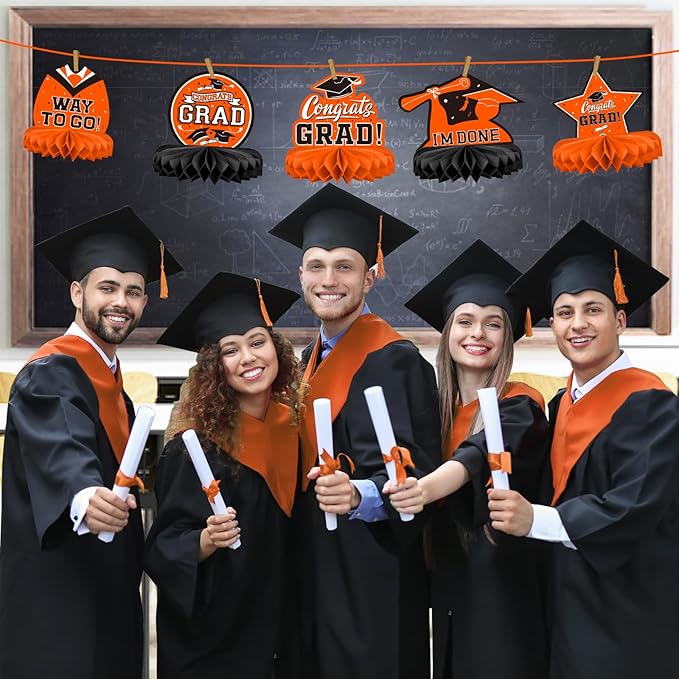 9PCS Graduation Party Decorations Class of 2026 Congrats Grad Table Centerpiece Congratulate Graduation Honeycomb Table Toppers for Graduation Party Supplies(Orange,Black）