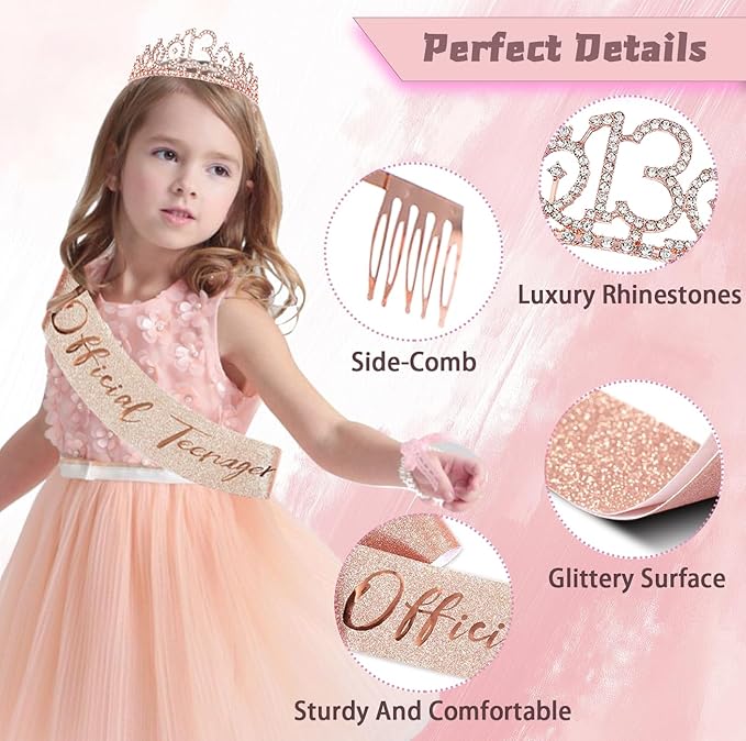13th Birthday Decorations for Girls, Official Teenager Party Supplies, Black Rose Gold Banner Backdrop Numbers Foil Balloon Crown Sash Hanging Swirls Paper Fans for 13 Birthday Girl Decorations