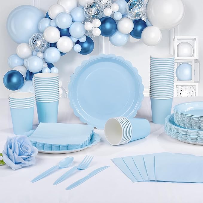LIYH 350 Pcs Light Blue Paper Plates and Napkins 50 Guest Blue Party Supplies Include Scalloped Easter Paper Plates Cocktail Napkins Cups Spoons Forks Knives for Baby Shower,Birthday