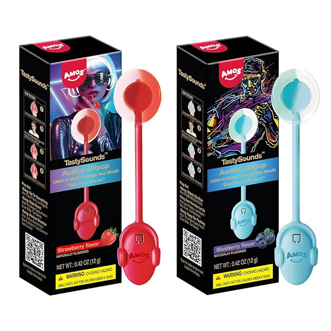 AMOS TastySounds Audio Lollipop 2-Pack Combo - Strawberry & Blueberry Flavors, Bone Conduction Music Candy with Earbud Design