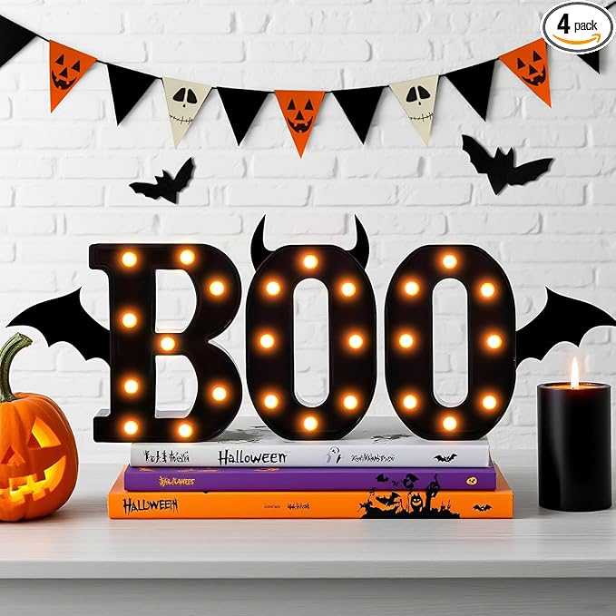 3 Pcs LED Marquee Light Up Letters Black Boo Sign Halloween Decorations Indoor Boo Halloween Lights for Home Kitchen Tabletop Fireplace Party Decoration (Orange)