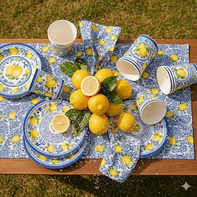 Elegant Disposable Tableware Set | 81 Pcs | Serves 20 Guests l 20 Extra Thick Paper Party Plates + 20 Cups + 20 Napkins + 1 Large Tablecloth | Perfect for Events, Baby Showers, Weddings & Picnics.