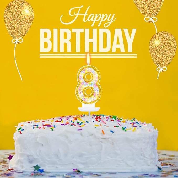 8th Birthday Candle for Cake, Colorful Macaron Numeral Candles for Girls/Boys, Birthday Party Cake Decorations, Golden Cake Topper for Birthday Party Supplies (Number 8)
