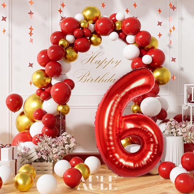 AULE 40 Inch Big Red 6 Balloon Number Large Foil Helium Number Balloons 0-9 Jumbo Giant Happy 6th Birthday Party Decorations for Boy or Girl Huge Mylar Anniversary Party Supplies