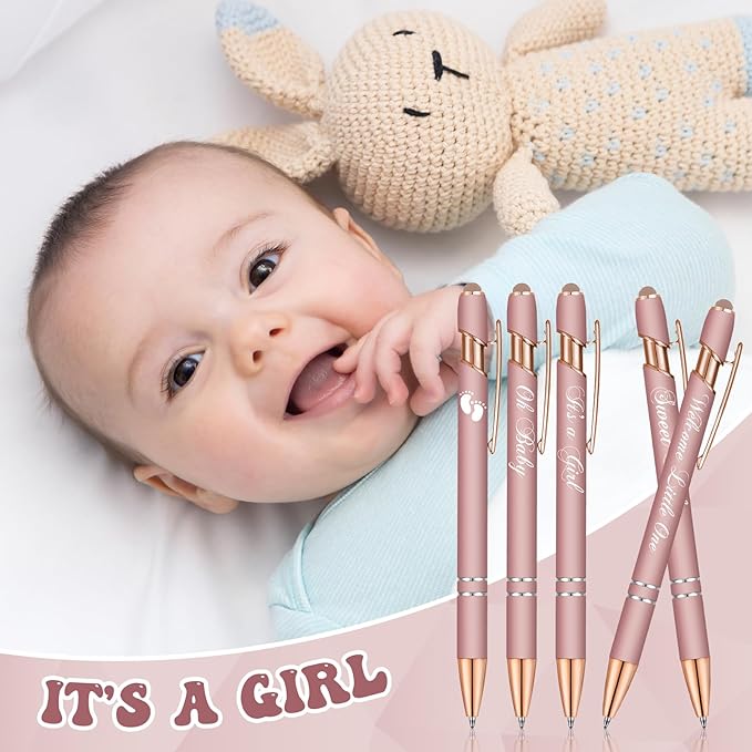 Jspupifip 50 Pcs Baby Shower Pens with Stylus Tip Metal Retractable Baby Shower Pens Girls Black Ink Baby Pens Bulk It's a Girl Pens for Baby Shower Favors Guests School Supply (Rose Gold)