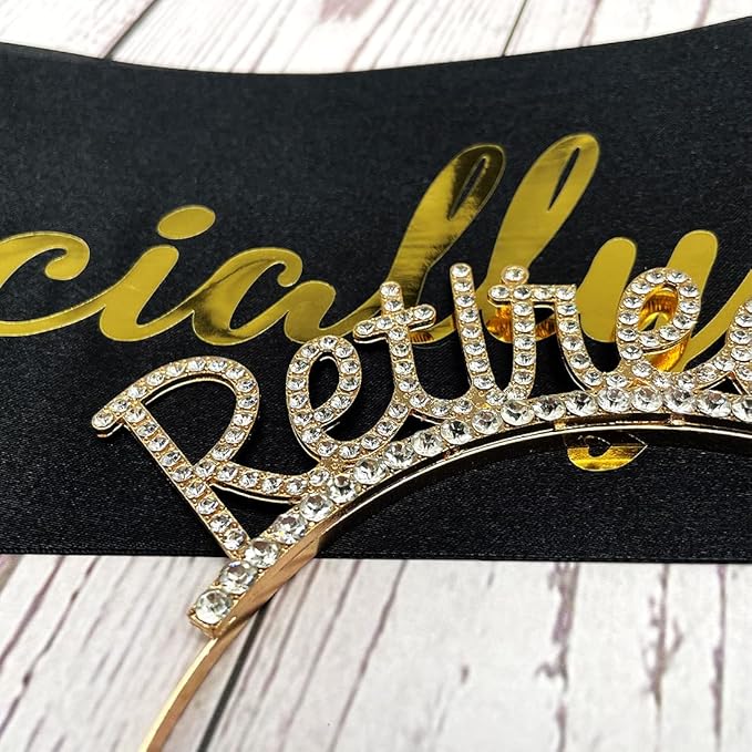 Happy Retirement Party Decorations - Crown and Sash Set Gifts for Women (Gold)