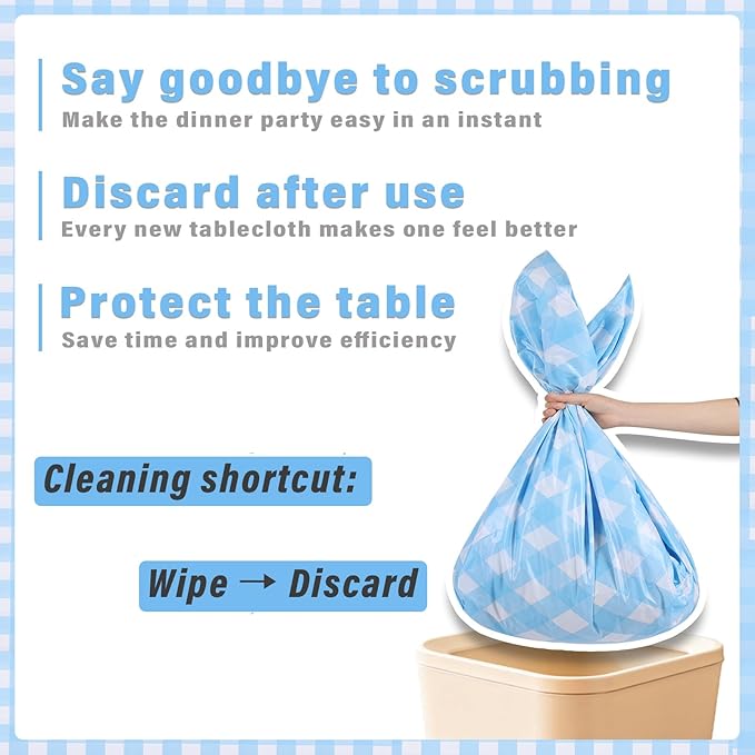 3 Packs Sky Blue Checkered Tablecloth 54 x 108 Inch Waterproof Rectangular Plaid Tablecloth Disposable Plastic Table Cover for Holiday Birthday Party