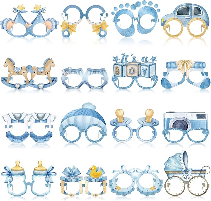 Pajean 32 Pcs Boy Baby Shower Party Decorations It's A Boy Baby Shower Themed Paper Eyeglasses Photo Booth Props Paper Glasses Frame for Gender Reveal Baptism Blue Birthday Party Decor Favors Supplies