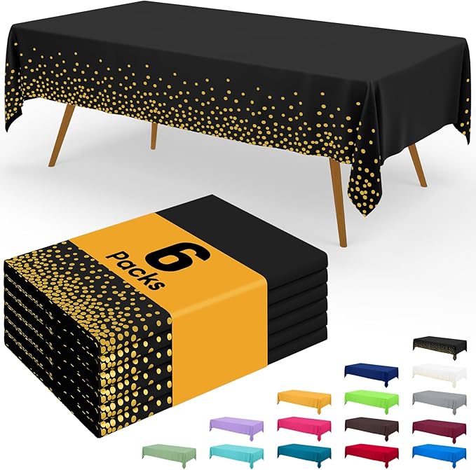 Smiry Disposable Table Cloth - 6 Pack, 54 x 156 Inch Waterproof Rectangle Tablecloths for Parties, Decorative Plastic Table Cover, Leakproof & Sturdy, Black & Gold