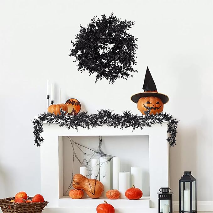 Black Artificial Flowers Eucalyptus Garlands Halloween Garland Black Leaf Garland with Flowers Fake Floral Greenery for Halloween Party Decor Home Backdrop Wall Fall Decor