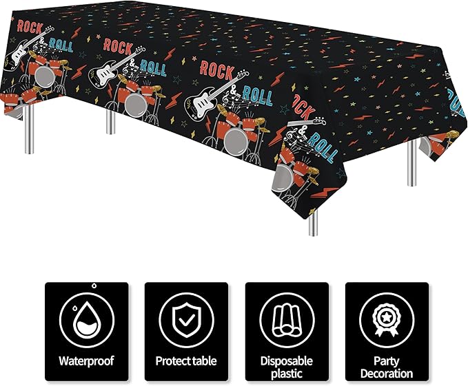 Rock and Roll Party Decorations Tablecloth, 3pcs Disposable Rockstar Music Guitar Theme Rock n Roll Party Supplies Tablecover for Birthday Baby Shower, 86in x 55in