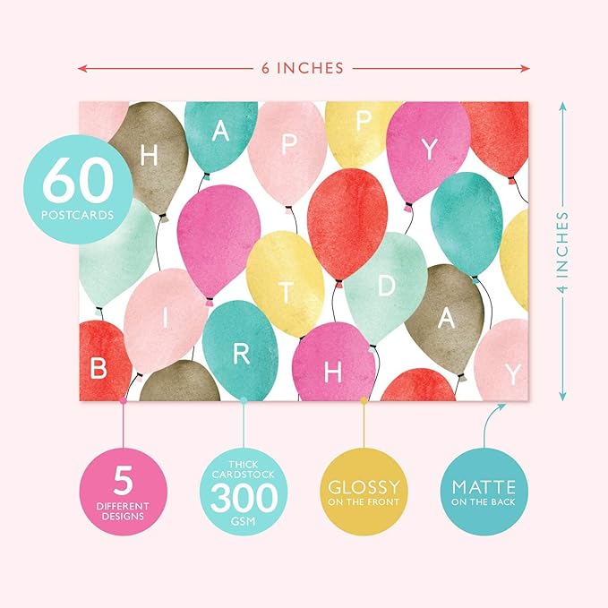 Sweetzer & Orange Happy Birthday Postcards Pack (60 Post Cards) 4x6”decor pages for Kids and Adults. 300gsm Note Sheets. party flyers Assortment Greeting flyers, Blank Birthday decor sheets