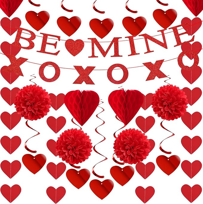 Valentines-Day Decorations Red-Heart Garland Galentines-Decor - 24pcs Tissue Paper Pom Poms Streamers Swirl,Be Mine Xoxo Banner,Love Romantic Special Night Anniversary Party Hanging Lasting Surprise