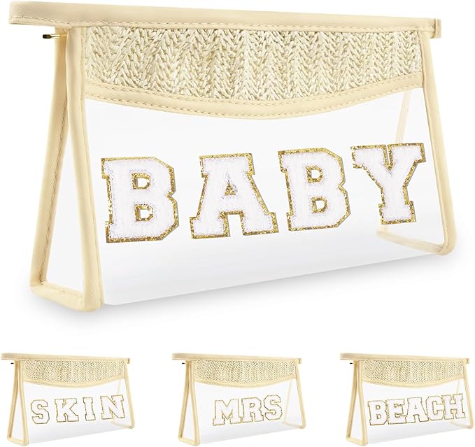 Cute Boho Patch Baby Bag Clear Makeup Letter Bag, Waterproof Zipper Make up Bags Toiletry Pouch for Women Girls, Clear Letter Patch Cosmetic Bags Transparent Organizer Pouch for Travel(Baby, Beige)
