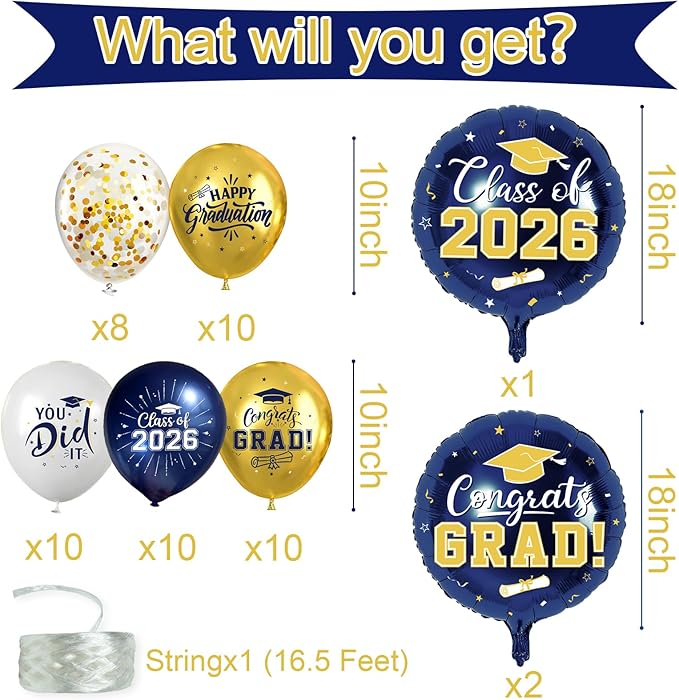 Navy Blue and Gold Graduation Balloons Graduation Decorations 2026, 51Pcs Grad Latex Balloons and Grad Foil Balloon with Confetti Ribbons Grad Party Decorations for College High School