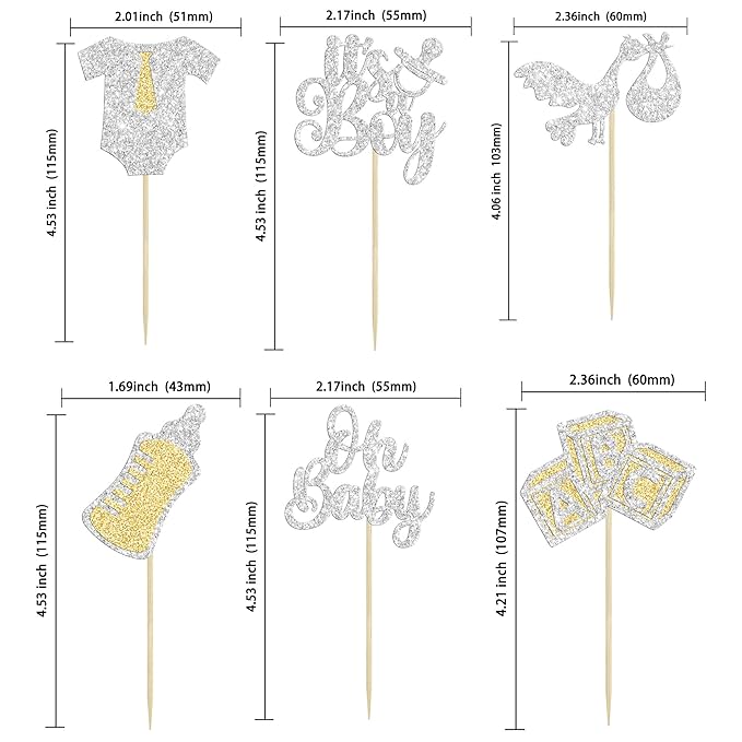 Gyufise 24Pcs Oh Baby Cupcake Toppers Glitter It's a Boy Cupcake Picks Tie Onesie Baby Bottle Baby Shower Cake Decorations for Gender Reveal Baby Shower Kids Boys Birthday Party Supplies Silver