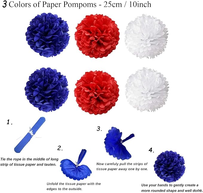 ZERODECO USA Party Supplies, Navy Blue Red Paper Fans Set Pom Poms Star Streamer Hanging Swirls USA Flag for 4th of July Day Patriotic Decorations Birthday Wedding Graduation Independence Day