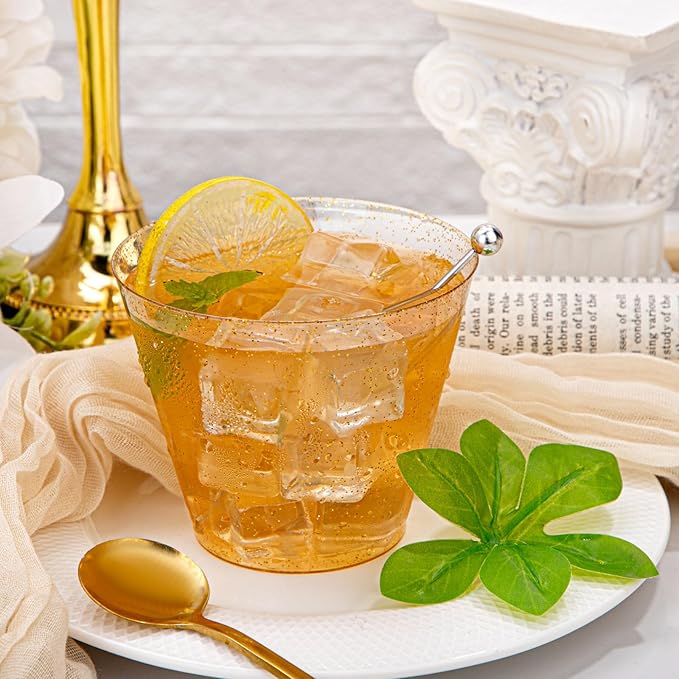 Hioasis 100Pcs 9OZ Gold Glitter Plastic Cups - Gold Plastic Cups, Heavy Duty & BPA-free for Party, Wedding, Celebrations