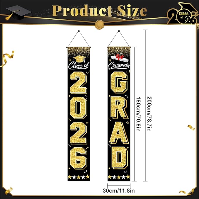 Graduation Decorations 2026 - Black and Gold Graduation Banner Class of 2026 Congrats Grad Party Supplies Decorations Door Banner 2026 for Graduation Decor