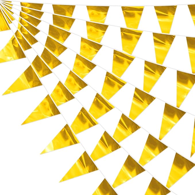 32.8FT Gold Glitter Triangle Pennant Banner Flag Metallic Bunting Outdoor Garland for Christmas Graduation Wedding Engagement Anniversary Bachelorette Birthday Bridal Shower Valentine's Party Decor
