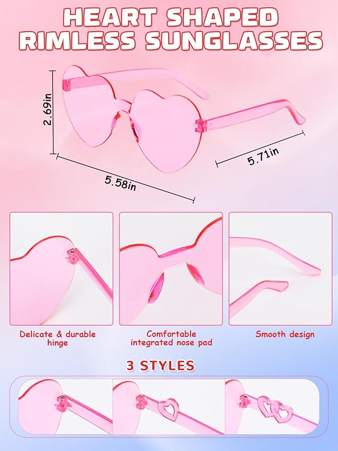 12 Pairs Heart Shaped Sunglasses Rimless Star Glasses for Men Women Party Favors Fun Colorful Glasses Accessories