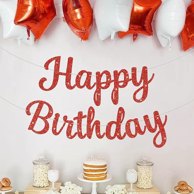 Glitter Happy Birthday Banner Sign Birthday Garland Wall Door Banners Flag for Women Men Boys Girls Party Backdrop Decorations Red