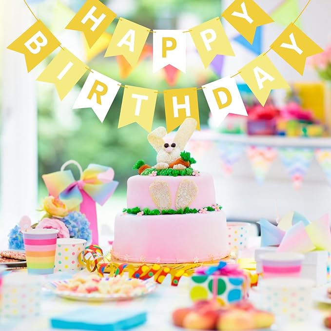 Hooqict Happy Birthday Banner Yellow Birthday Decorations for Kids Girls Women Birthday Tea Party Decorations Yellow Party Banner Garland Sign Bunting Flag Wall Porch Door Hanging Decor