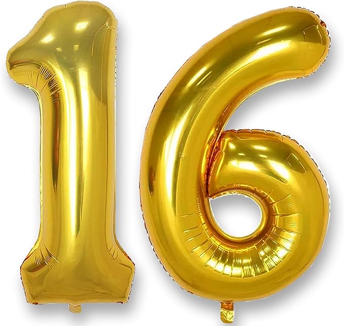 AULE 40 Inch Jumbo Gold Foil Mylar Number Balloons for Boy Girl 16th Birthday Party Decorations 16 Years Old Anniversary Party Supplies