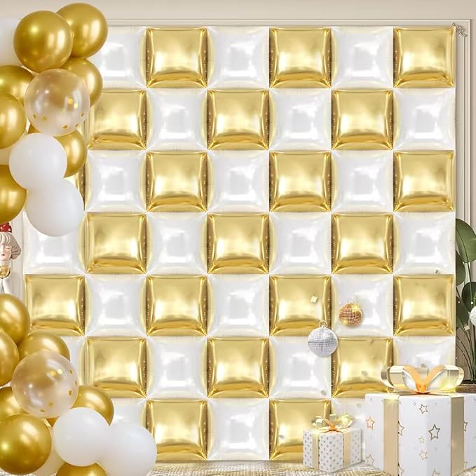 50PCS White and Gold Square Foil Balloon Wall, 19'' Reusable DIY Mylar Double Side Balloons Garland Tunnel Arch Kit for Anniversary Baby Shower Bachelorette Birthday Engagement Bridal Decor