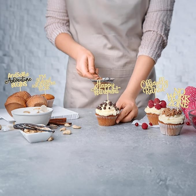 Gyufise 30Pcs Happy Retirement Cupcake Toppers Officially Retired Cupcake Picks No Work Zone Adventure Begins Cake Decorations for Retirement Theme Farewell Birthday Party Supplies Gold