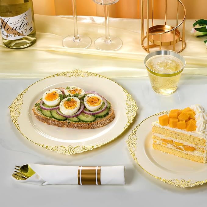 350PCS Ivory Plastic Plates for 50 Guests, Disposable Dinnerware Sets Include 100 Gold Rim Plastic Plates, 50 Silverwares, 50 Cups, and 50 Pre Rolled Napkins for Party, Wedding, Graduation
