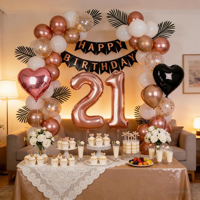 21st Birthday Decorations for Women - Rose Gold, Black and Hot Pink Party Supplies Set with Happy 21st Banner, Number 21 Balloons and Foil Fringe Curtains - 21 Year Old Celebration Kit