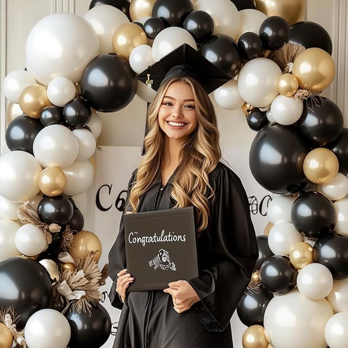 Black White Gold Balloon Arch Kit,Double Stuffed Pearl Sand White Balloon Garland Different Sizes 18/12/5 Inch Chrome Cream Balloons for Graduation Wedding Birthday Bachelorette Party Decorations