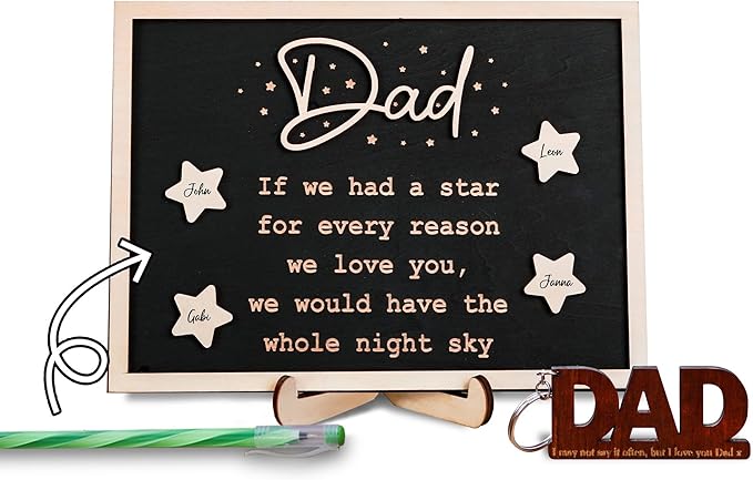 Personalized Star Dad and Kids Framed Sign Father's Day DIY Wooden Engraved Plaque Gifts From Daughter, Son,Wife DIY Family Names Gift for Papa Grandpa FR118-DAD