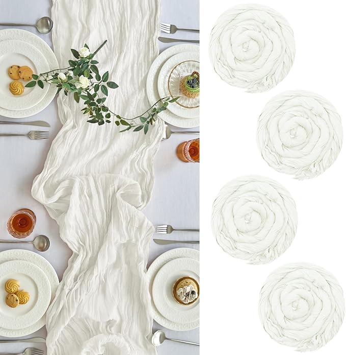 IVAPUPU 4 Pcs Cheesecloth Table Runner - 10ft Ivory White Easter Spring Boho Gauze Cheese Cloth Table Runners for Baby Shower Decoration Wedding Party Garden Farmhouse