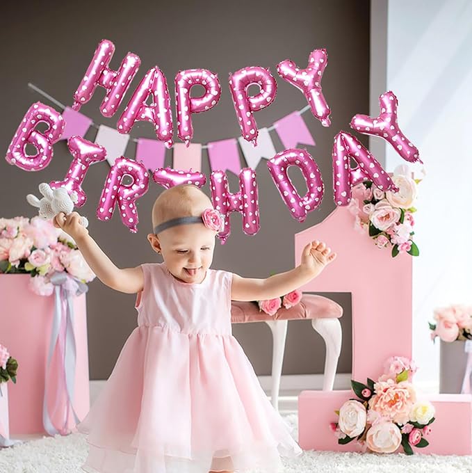 KALOR Pink Happy Birthday Balloons Banner, 16 Inch 16 Inch Mylar Foil Letters Balloon Sign for Birthday Party Decorations Photo Booth Backdrop