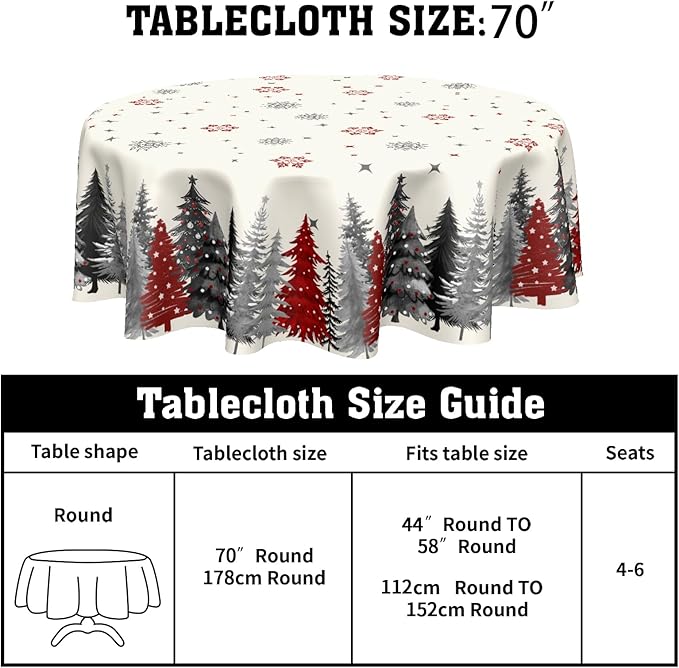 Christmas Snowflake Round Tablecloth Cream Tablecloth 70 Inch Gary and Red Tree Pattern Circle Table Cloth Winter Holiday Table Cover for Home Kitchen Dinning Party Xmas Decor