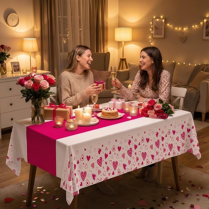 Valentine's Day Tablecloth 3-Pack, 54x108 Inch Disposable Plastic Table Covers, Pink Heart Themed Decor for Romantic Party, Galentine‘s Day and Mother's Day Table Decorations