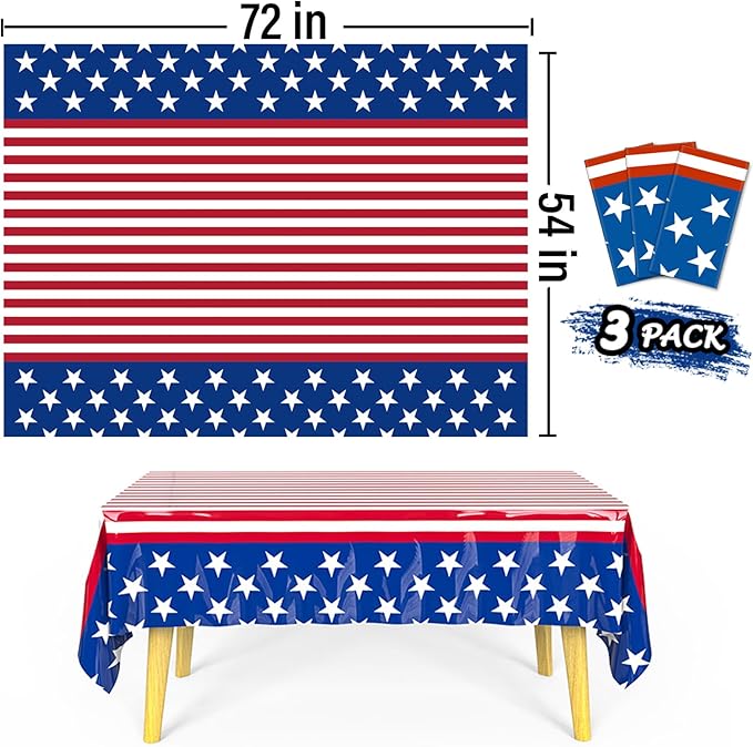 Esjay 4th of July Decorations, 3 Pack Fourth of July Tablecloth American Flag Plastic Table Cloth, Patriotic Party Supplies Red White Blue, Decorations for Memorial Day Veterans Outdoor Home(54"x72")