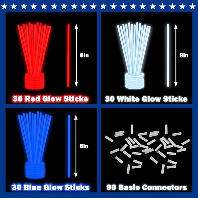 Patriotic Accessories Toys Gifts for Kids ＆ Adults 90 PCS, Red White Blue Glow Sticks Light up Neon Bracelets Necklaces for Parade Throws, Party Favors Supplies Decorations for Labor Veterans Day