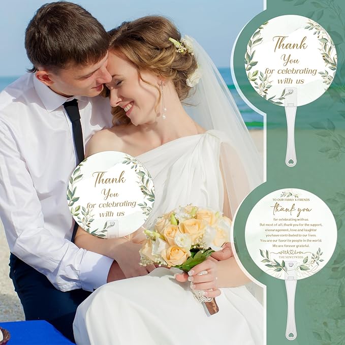 100 Pcs Wedding Hand Fans for Guests Bulk Decorative Plastic Handheld Wedding Favor Fans with Handle Thank You for Celebrating with Us for Ceremony Bridal Shower Party Decor(Leaf)