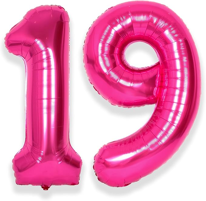 SUWEN 40 Inch Hot Pink Large 19 Number Balloons Big Foil Helium Number Balloons 0-9 Jumbo Happy 19th Mylar Birthday Party Decorations for Girl or Women 91 Anniversary Party Supplies