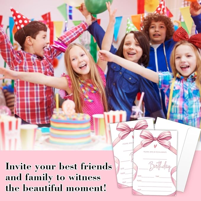 Pink Bow Birthday Invites Cards Party Invitation Cards for Girls Kids Adults Party Invitations 4x6 Inch Blank Invitations with Envelopes 20 Pcs Double Sided Invitation Card for Girls Birthday YT0080