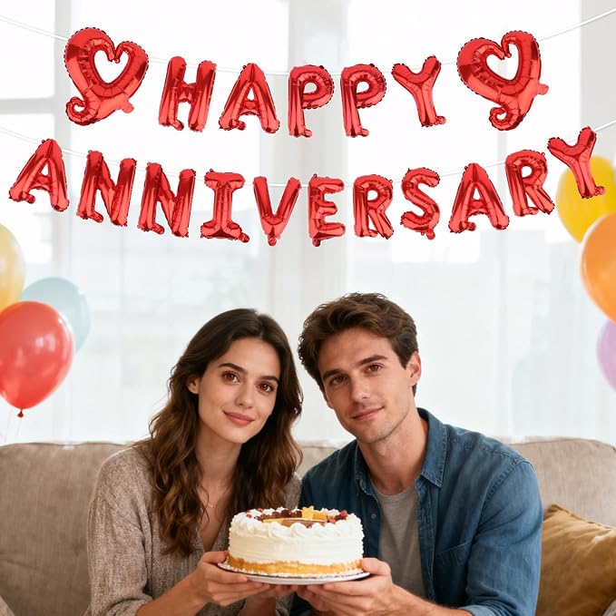 Happy Anniversary Balloon Banner, Red Foil Letter Balloons Sign with Heart Romantic Hanging Decoration for Women Men Couples Lovers Partners Wedding Ceremony Anniversary Party Supplies Gift