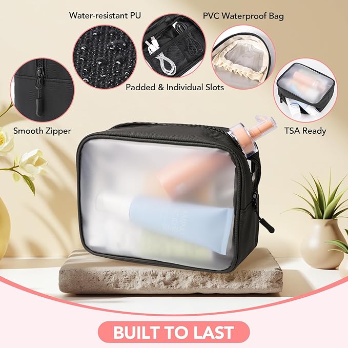 Travel Toiletry Bag Set for Women, Compact Size 5-Piece Hanging Organizer Kit with TSA Approved Cosmetic Bag, Jewelry Case & Cable Pouch, Waterproof Makeup Bag for Travel Essentials- Black
