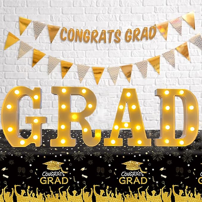 2026 Graduation Party Decorations Graduate LED Lights, 4 LED Marquee Light Up Letters“ GRAD”，Class of 2026 Graduation Ornaments Sign for Kindergarten Preschool High School College Wall Table Decor Party Supplies