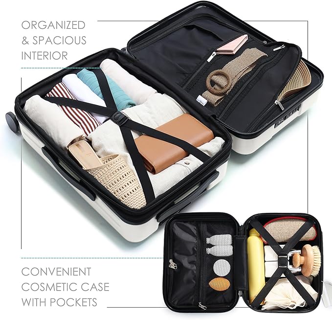 TRAVELARIM 20 Inch Carry On Luggage 22x14x9 Airline Approved, Carry On Suitcase with Wheels, Hard-shell Carry-on Luggage, Durable Luggage Carry On, White Small Suitcase with Cosmetic Carry On Bag