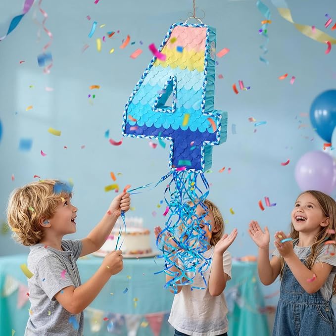 WERNNSAI Number 4 Piñata - Ombre Blue Number Piñata with Blindfold Stick Birthday Party Game for Kids Boys Girls 4th Birthday Party Decorations （16.3" x 11.6" x 3")